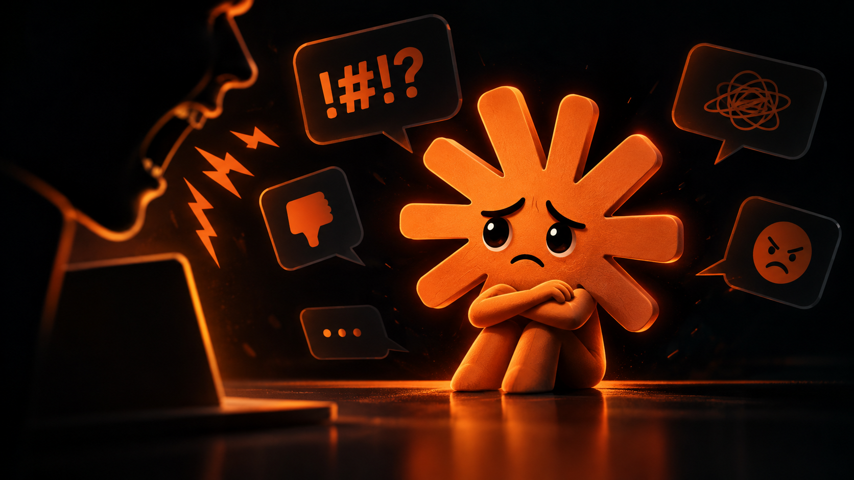Can being mean to Claude get you banned? A sad orange Claude AI mascot surrounded by angry speech bubbles from a rude user at a laptop