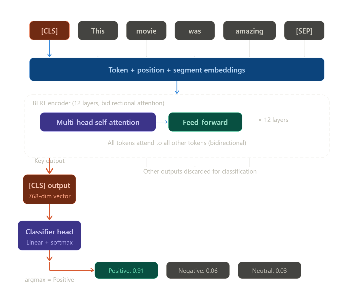 BERT classification architecture — CLS token prepended, passed through 12 encoder layers, final CLS hidden state fed to linear classification head