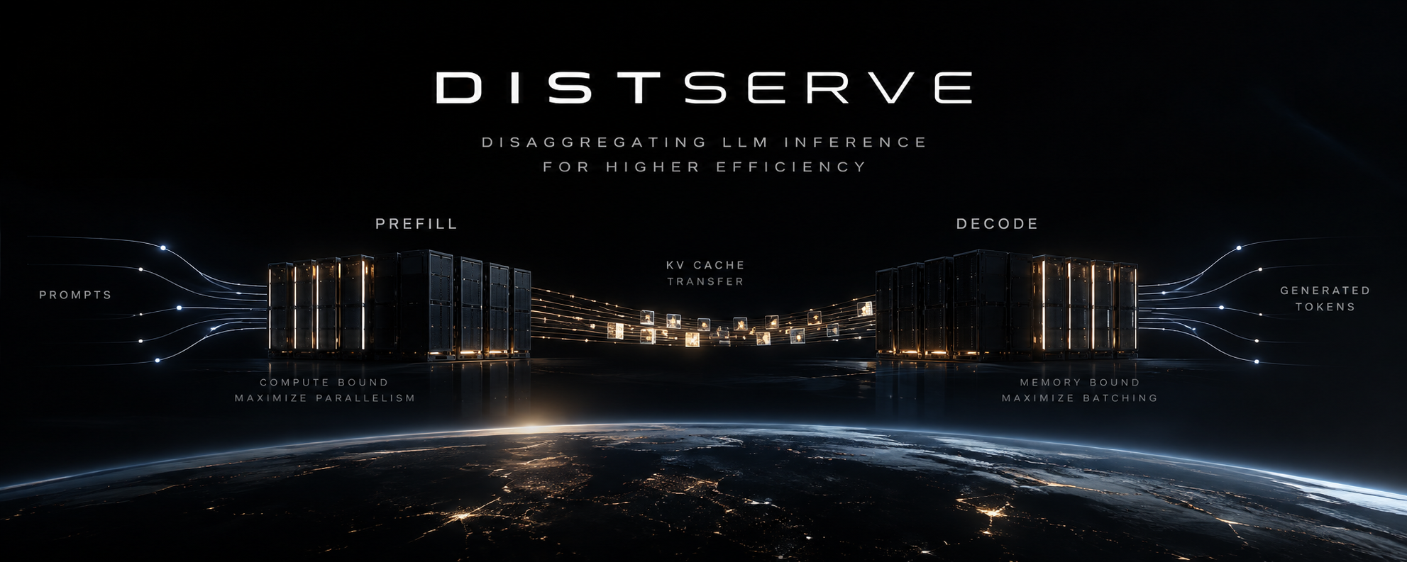 DistServe prefill decode disaggregation for LLM serving: prompts enter compute-bound prefill GPUs, the KV cache transfers to memory-bound decode GPUs, which stream generated tokens
