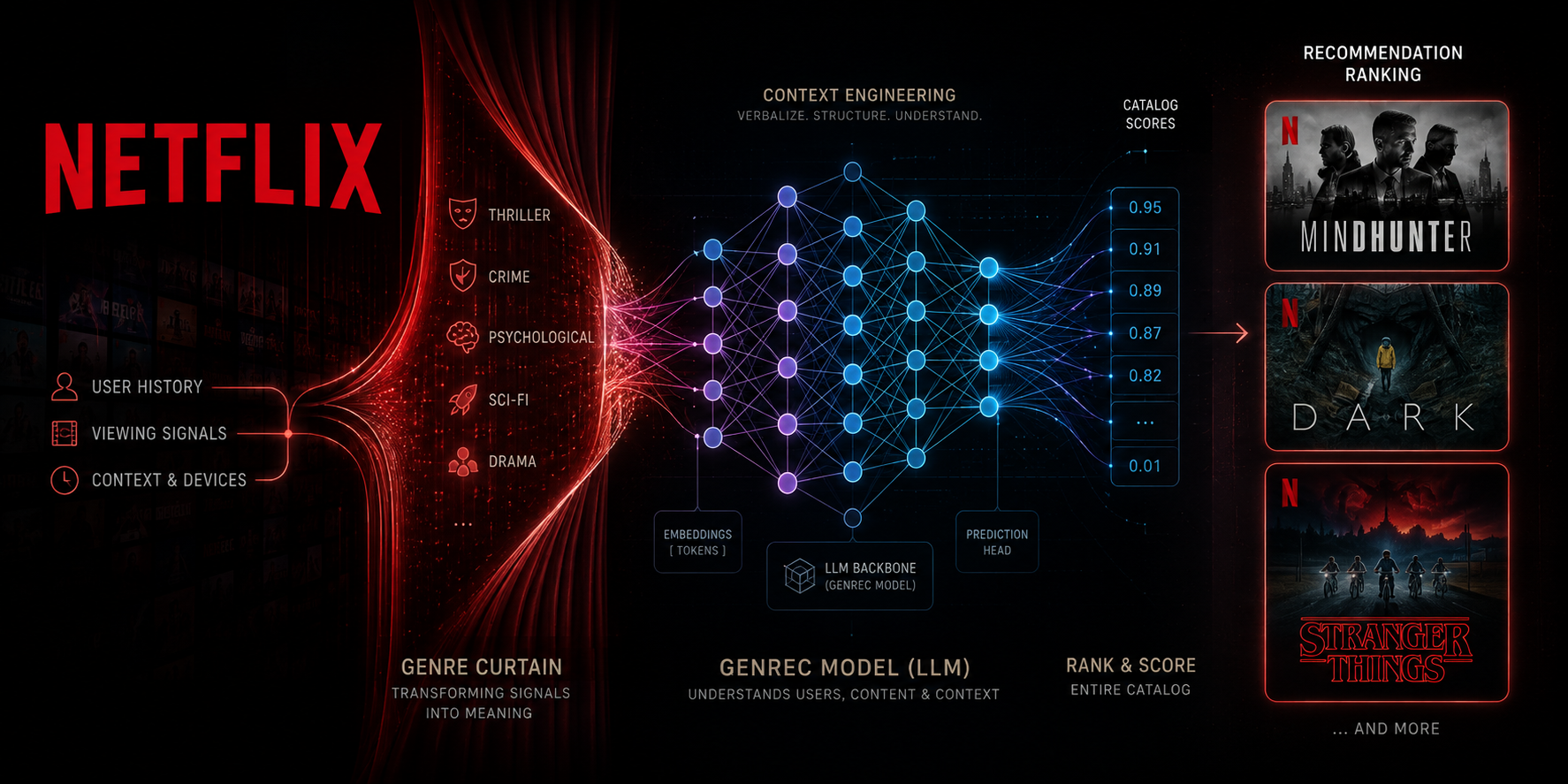 Diagram of the Netflix GenRec LLM recommendation ranker — user history, viewing signals, and context are verbalized through context engineering into tokens, processed by a decoder-only LLM backbone, and scored by a catalog-aware ranking head that ranks the entire Netflix catalog