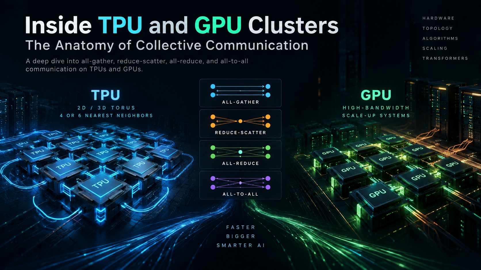 Inside TPU and GPU clusters: collective communication across a TPU 2D/3D torus and a GPU scale-up system, showing All-Gather, Reduce-Scatter, All-Reduce and All-to-All
