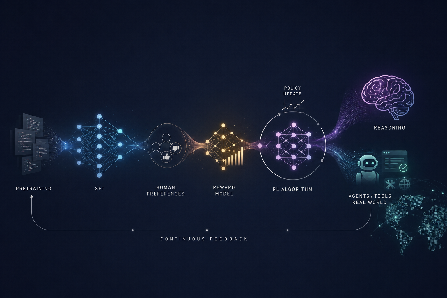 Reinforcement learning for LLMs pipeline — pretraining and SFT feed into human preferences and a reward model, an RL algorithm updates the policy, and a continuous feedback loop drives reasoning and agentic RL across tools and the real world