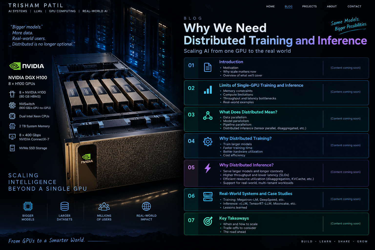 Why we need distributed training and inference: scaling AI from a single GPU to a full NVIDIA DGX H100 node (8× H100 80GB, NVSwitch, ConnectX-7) to serve bigger models, larger datasets, and millions of real-world users