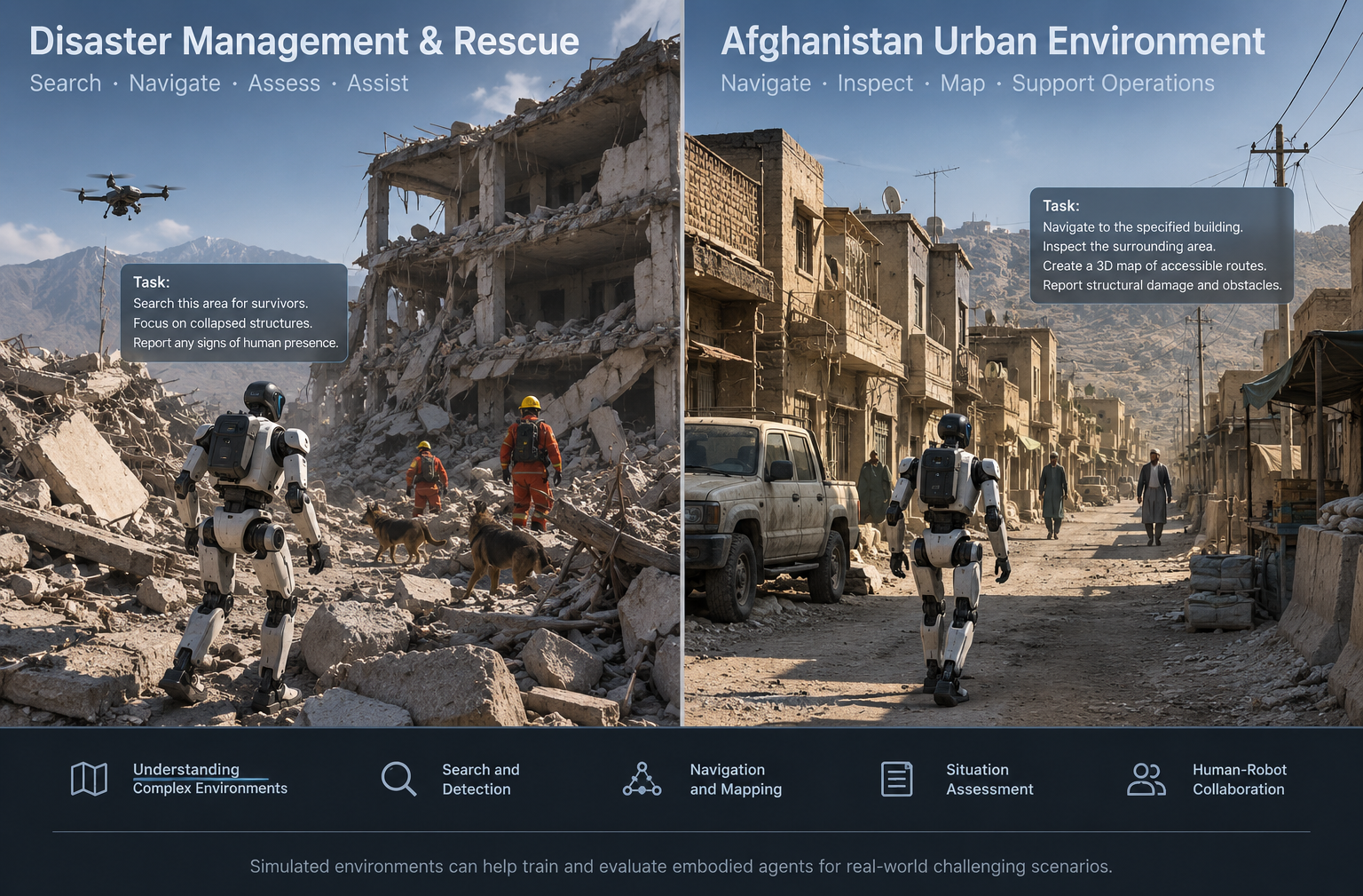 Concept illustration of two simulated deployment scenarios for embodied humanoid agents: on the left, a humanoid robot performing search-and-rescue among collapsed, debris-filled structures with a drone and rescue workers; on the right, a humanoid robot navigating, inspecting, and mapping a dense urban street, each panel showing an example natural-language task instruction