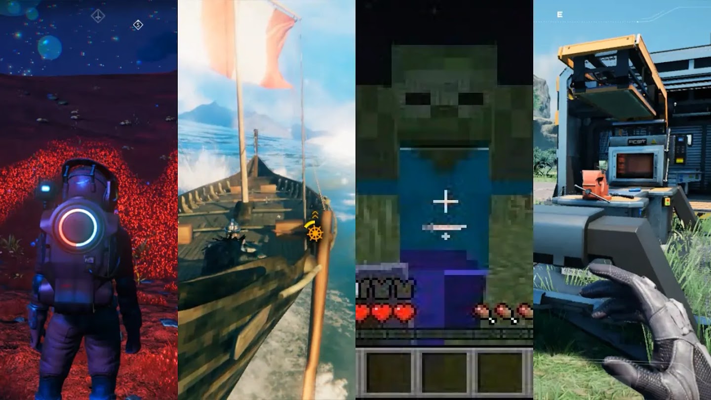 Four-panel montage of SIMA 2, a Gemini-powered generalist embodied agent, acting in 3D virtual game worlds including a No Man's Sky planet, a Valheim longboat, a Minecraft-style MineDojo world, and a Satisfactory-style factory