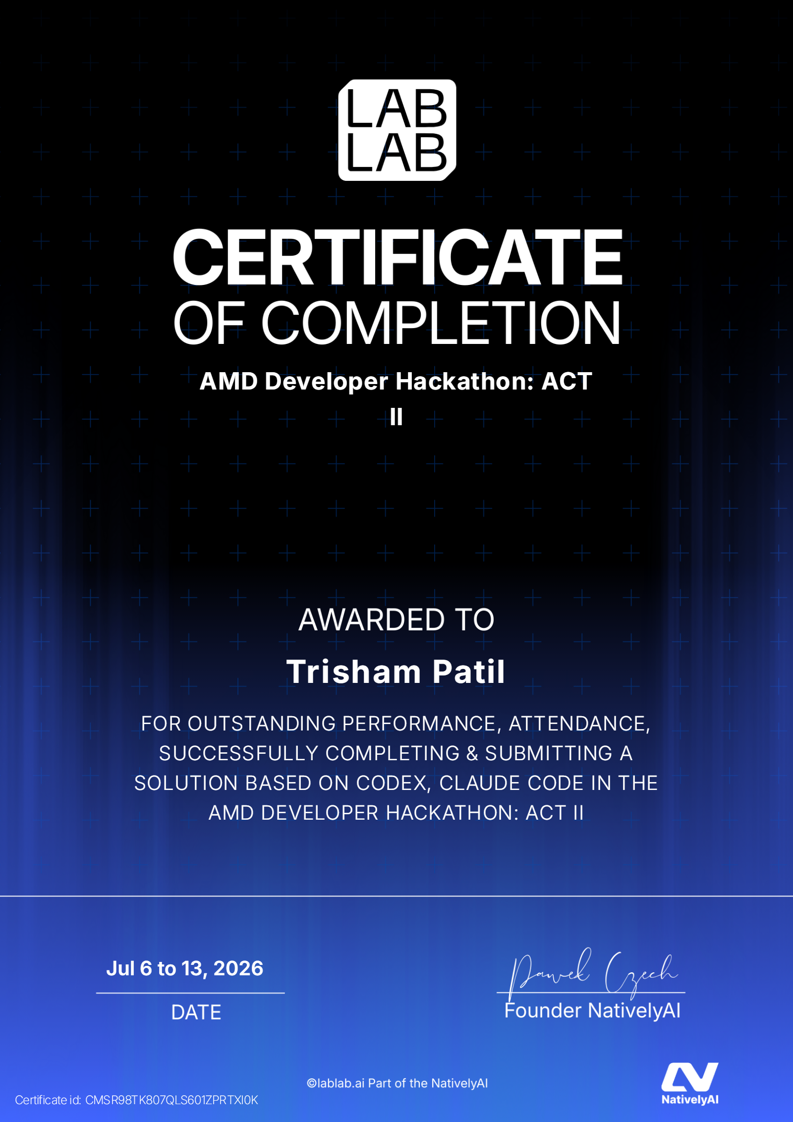 AMD ACT II Hackathon — Certificate of Performance and Completion certificate issued by lablab.ai to Trisham Patil