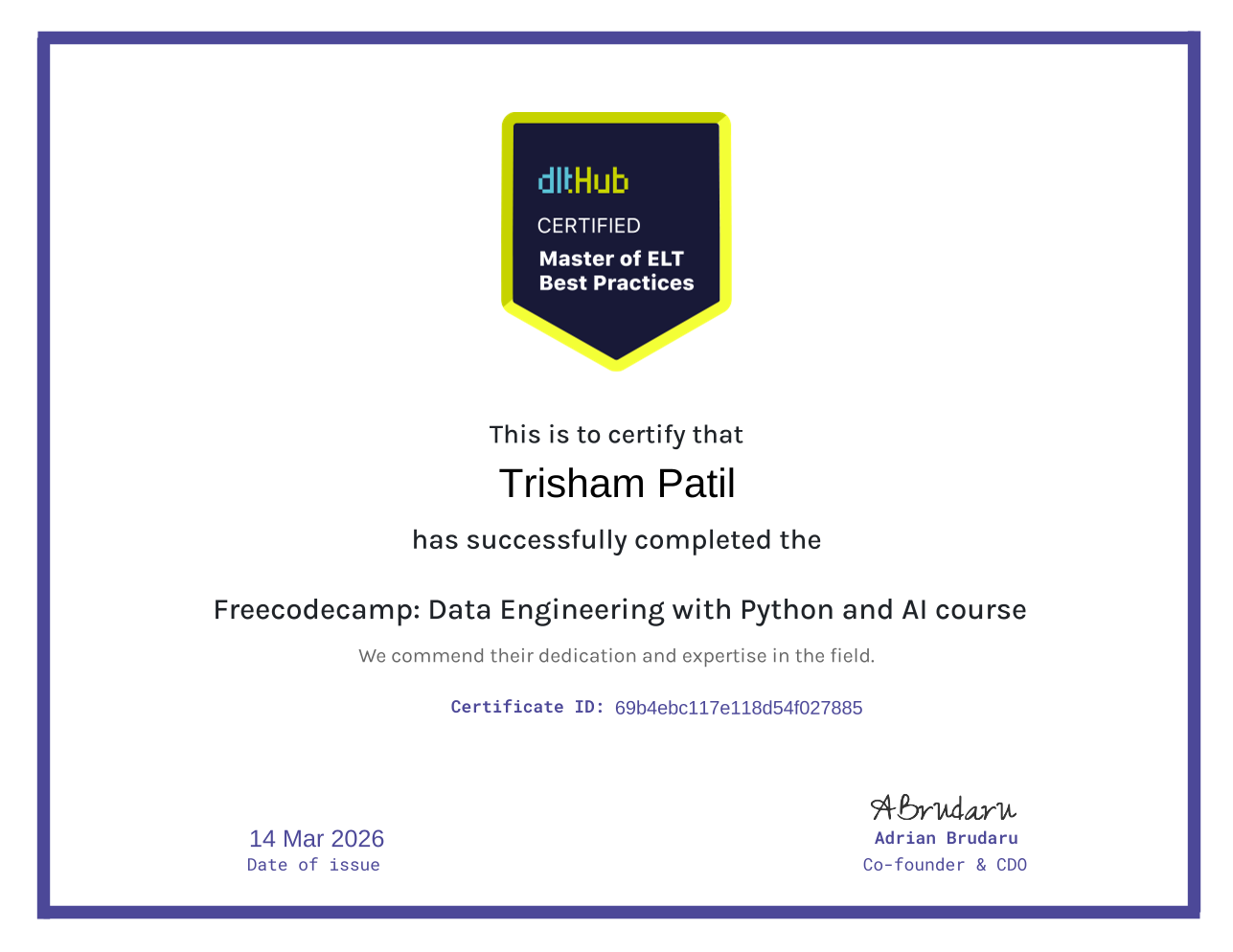 Data Engineering with Python and AI certificate issued by freeCodeCamp to Trisham Patil