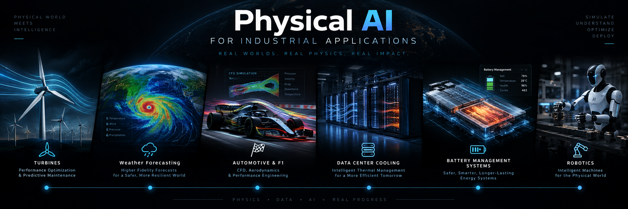Physical AI for Industrial Applications — turbines, weather forecasting, thermo-fluid CFD, automotive and F1 aerodynamics, data center cooling, battery management systems, and robotics