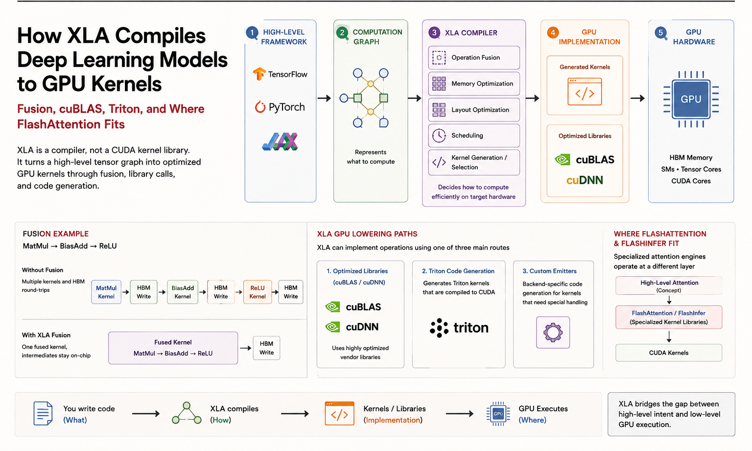 How the XLA compiler compiles deep learning models to GPU kernels — from TensorFlow, PyTorch, and JAX frameworks through the computation graph, XLA operation fusion, cuBLAS/cuDNN libraries and Triton codegen, down to CUDA kernels on GPU hardware, and where FlashAttention and FlashInfer fit
